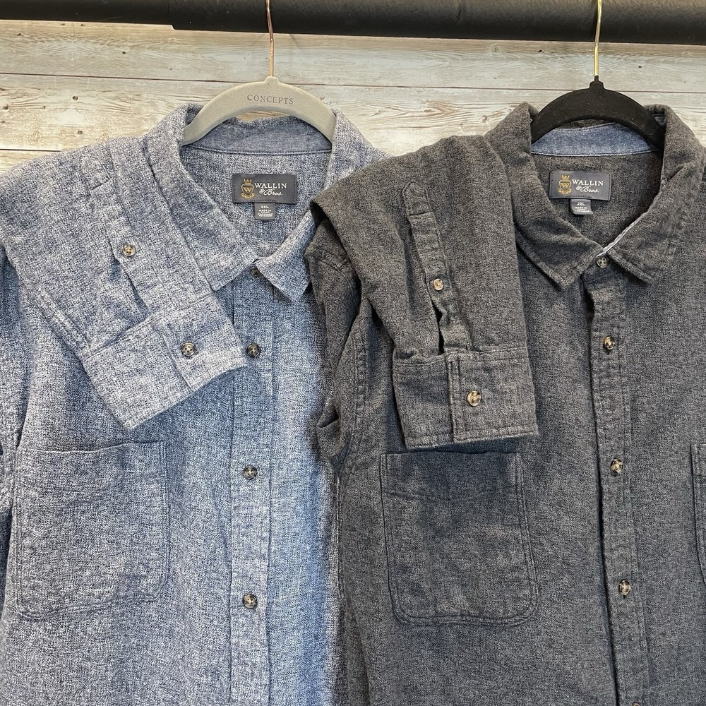 2 LOT Wallin &‎ Bros Mens 2XL Shirt Button Up Flannel Blue & Gray 100% Cotton